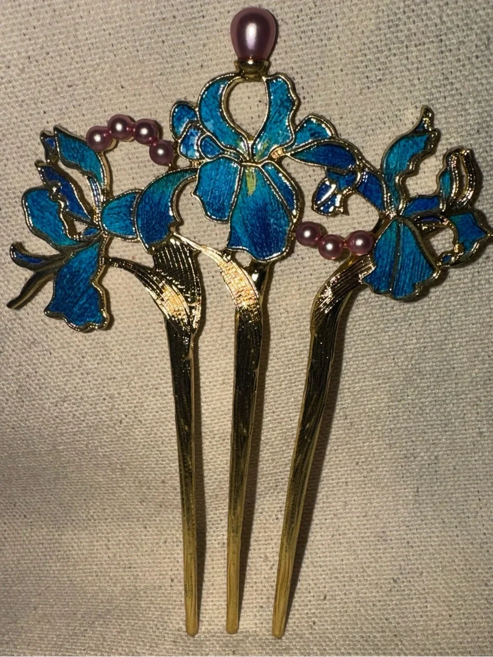 Elegant Blue & Green Enamel & Faux Pink Pearls Floral Gold Tone Metal Hair Fork